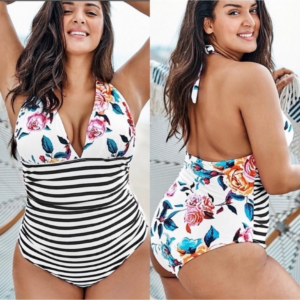 Floral and Stripe One-Piece Swimsuit
